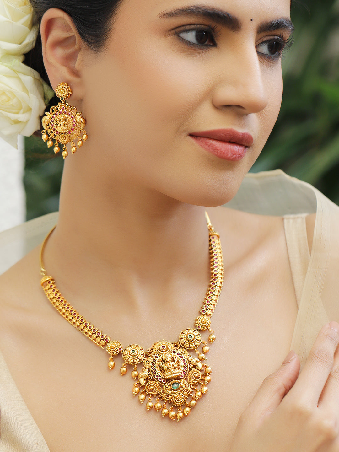 Pink & Green Blessings Lakshmi Necklace Set フリーサイズ