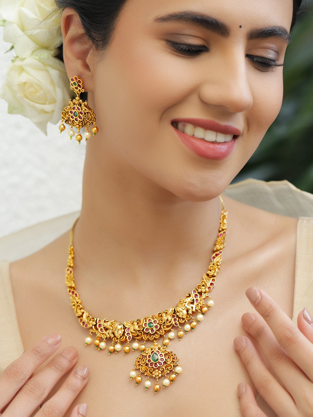 Pink & Green Spark Lakshmi Temple Necklace Set フリーサイズ