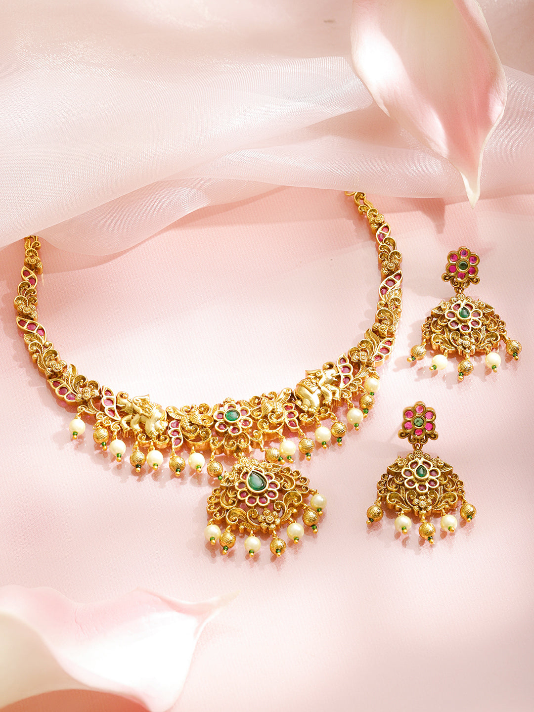 Pink & Green Spark Lakshmi Temple Necklace Set フリーサイズ