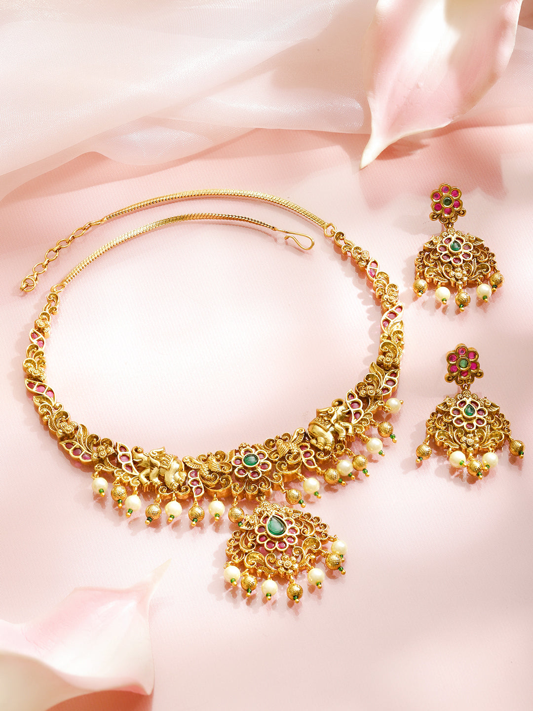 Pink & Green Spark Lakshmi Temple Necklace Set フリーサイズ