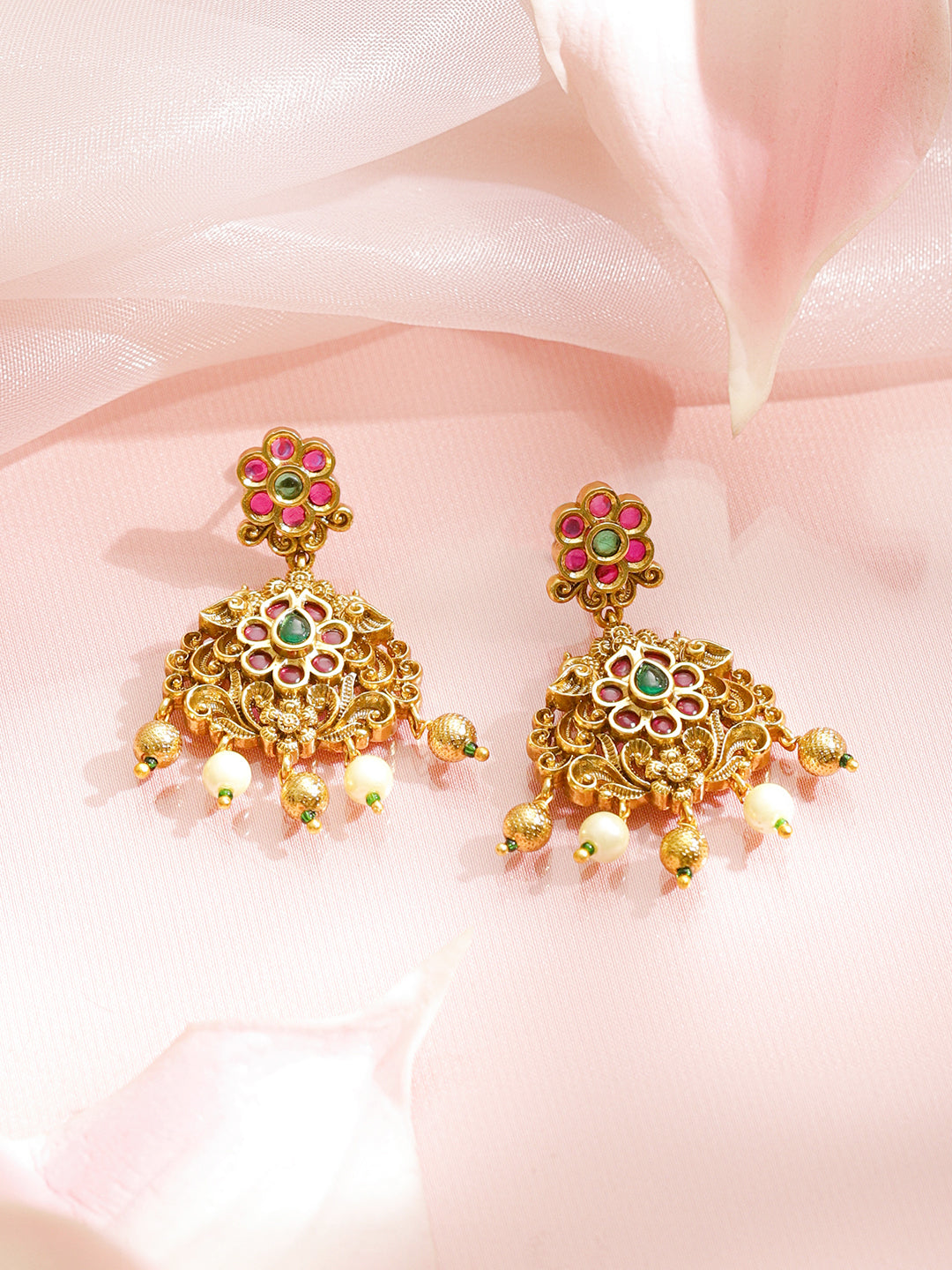 Pink & Green Spark Lakshmi Temple Necklace Set フリーサイズ