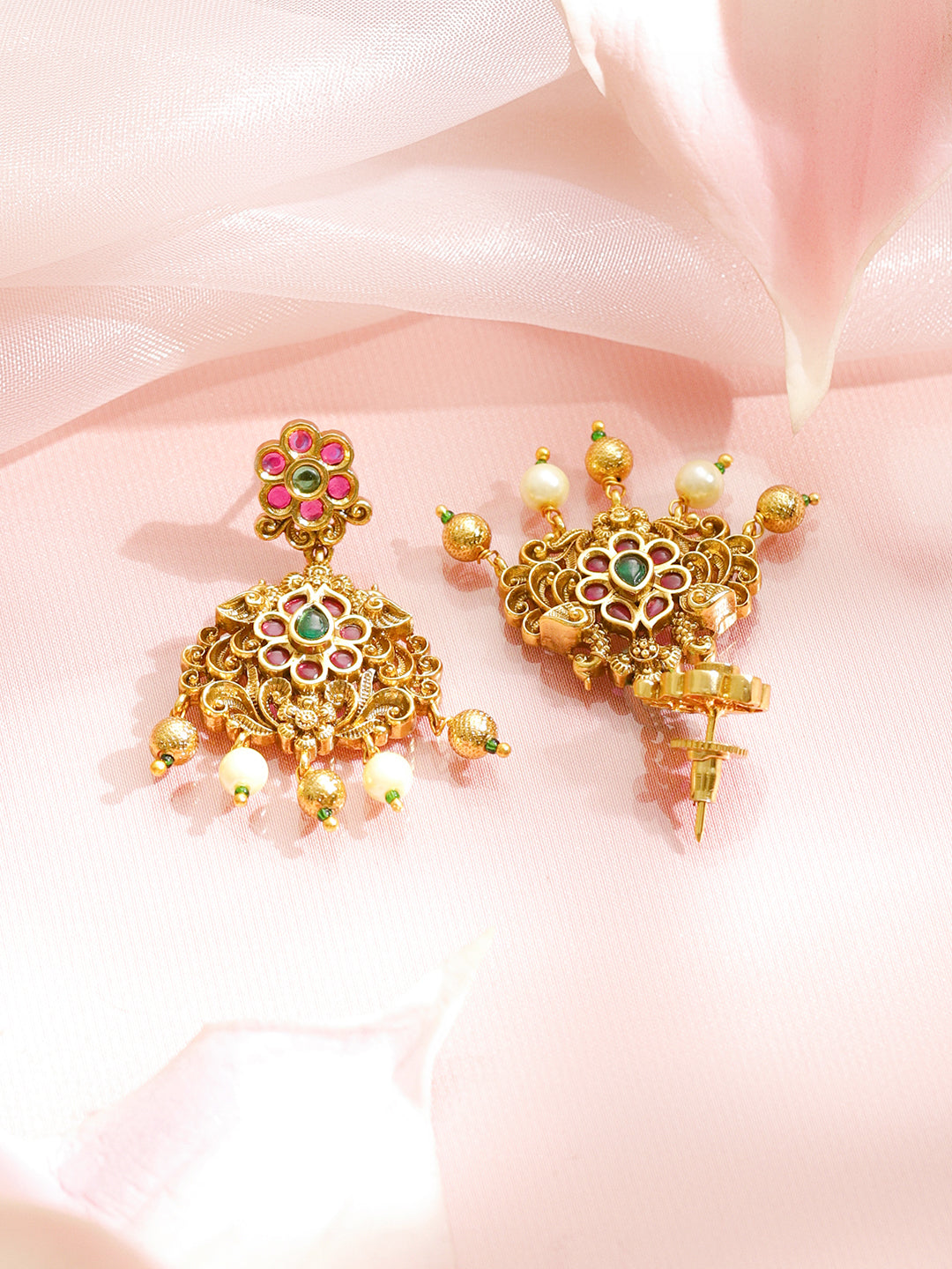 Pink & Green Spark Lakshmi Temple Necklace Set フリーサイズ