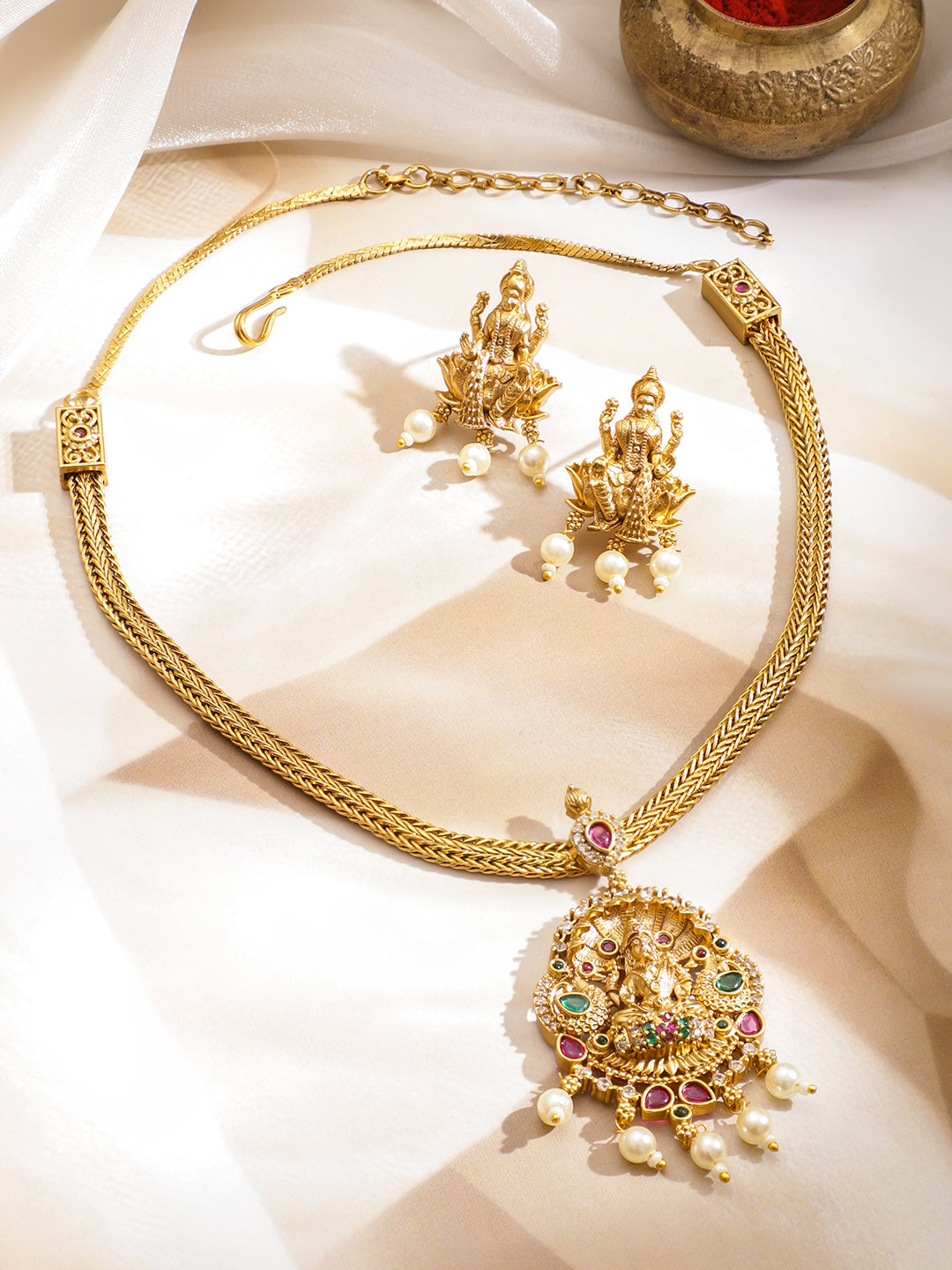 Multicolor Studded Temple Necklace Set フリーサイズ
