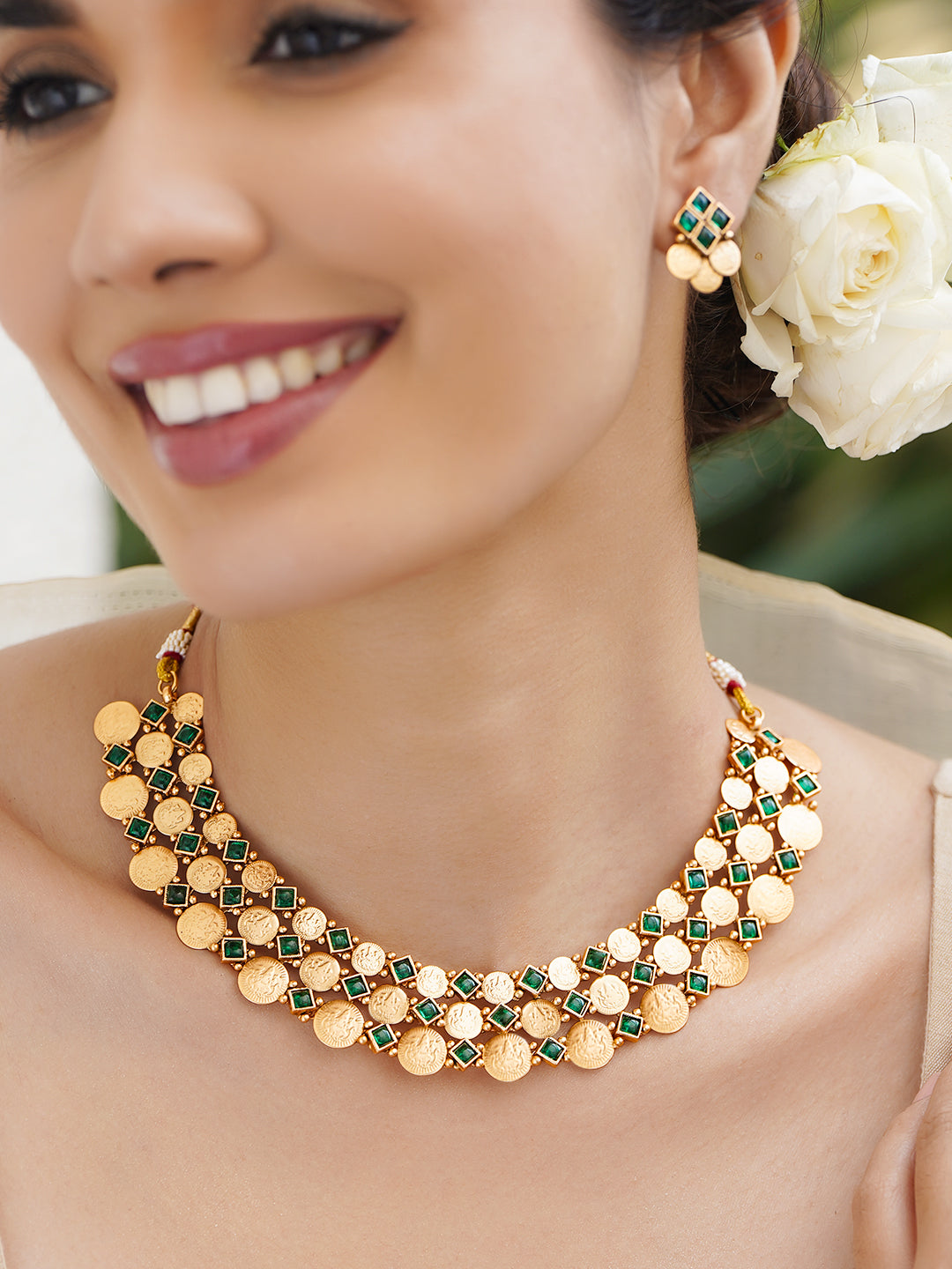 Green Studded Coin Motif Temple Necklace Set フリーサイズ