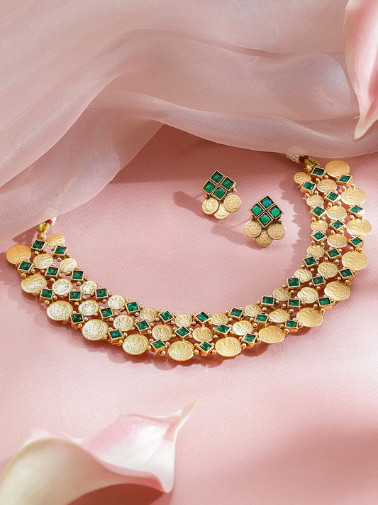 Green Studded Coin Motif Temple Necklace Set フリーサイズ