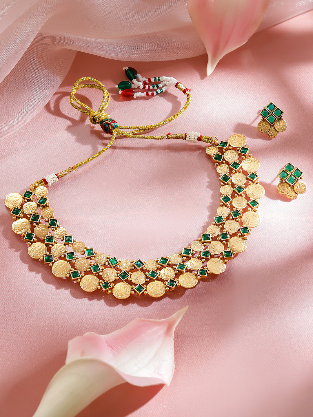 Green Studded Coin Motif Temple Necklace Set フリーサイズ