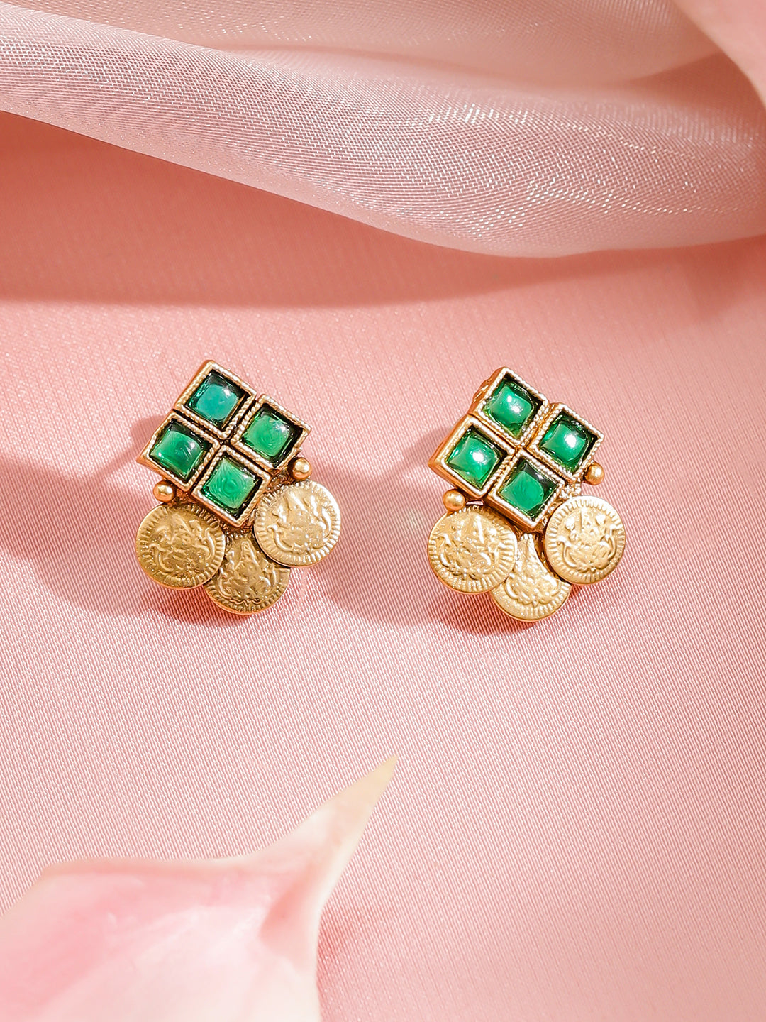 Green Studded Coin Motif Temple Necklace Set フリーサイズ