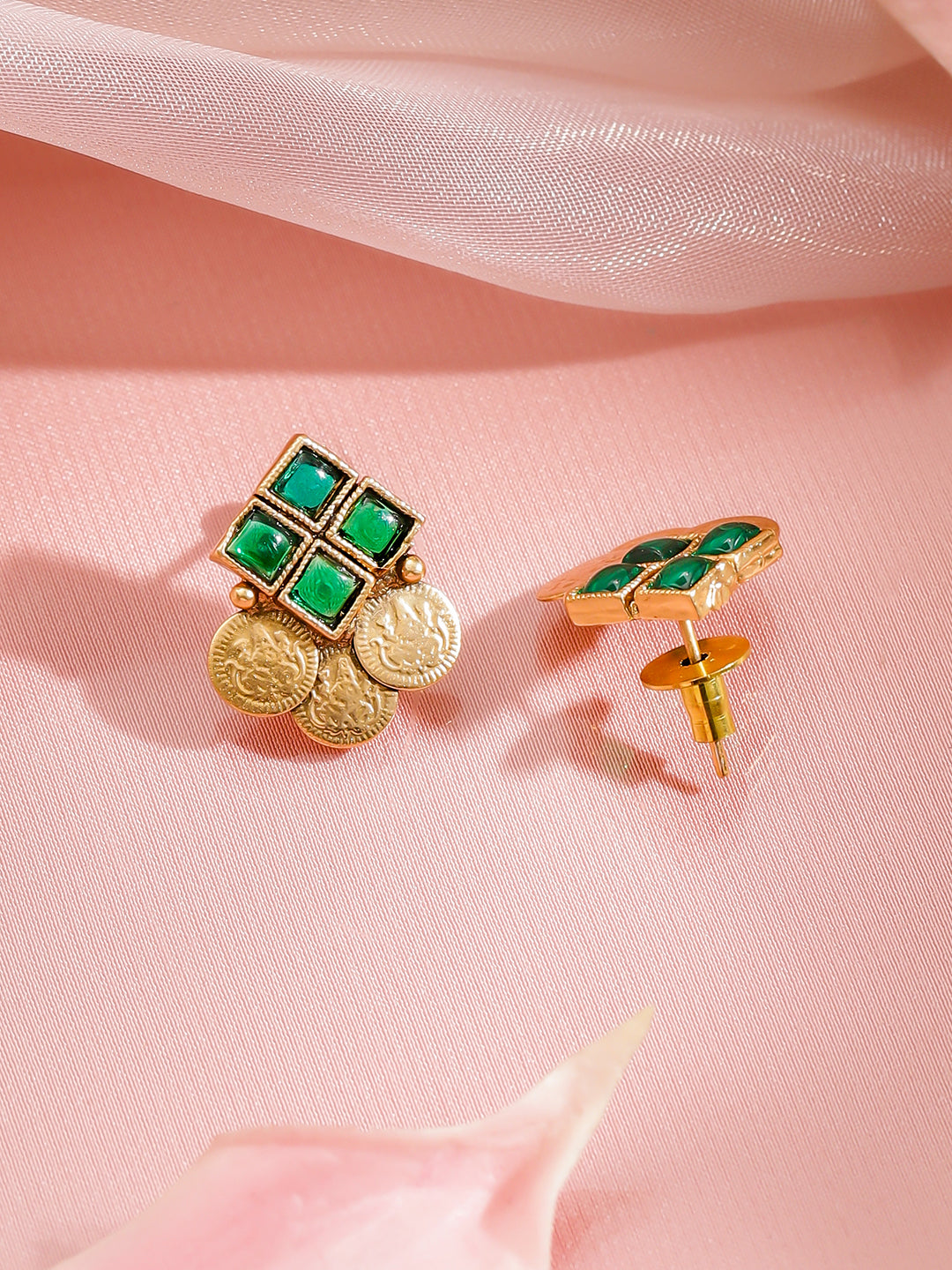 Green Studded Coin Motif Temple Necklace Set フリーサイズ