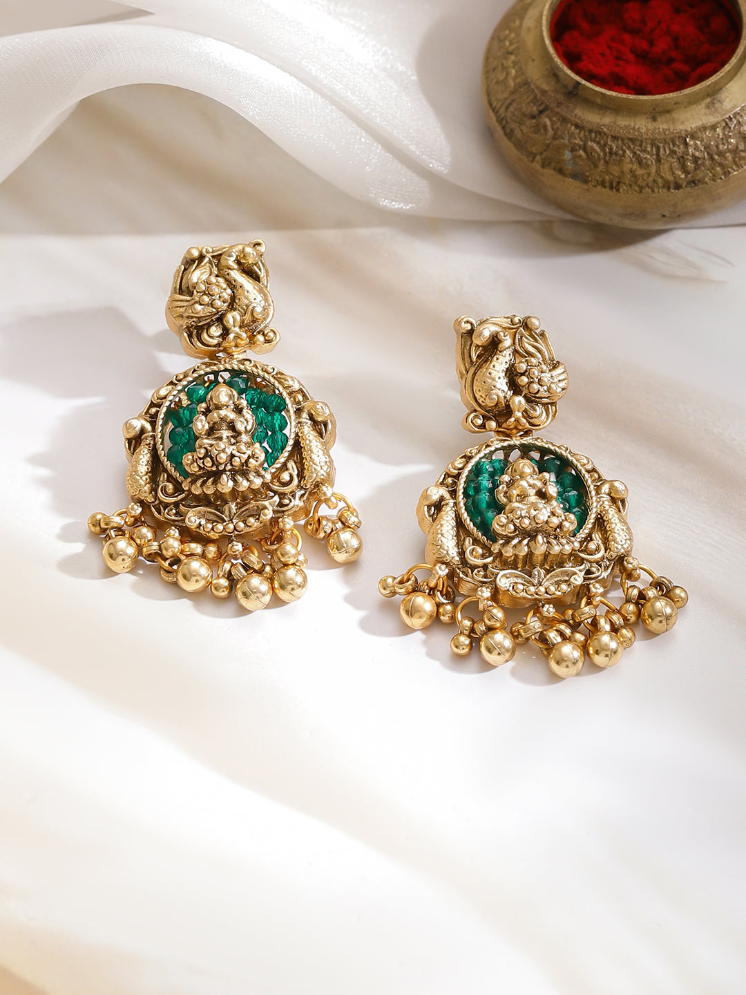 Laxmi Motif Green Bedded Gold Necklace Set フリーサイズ