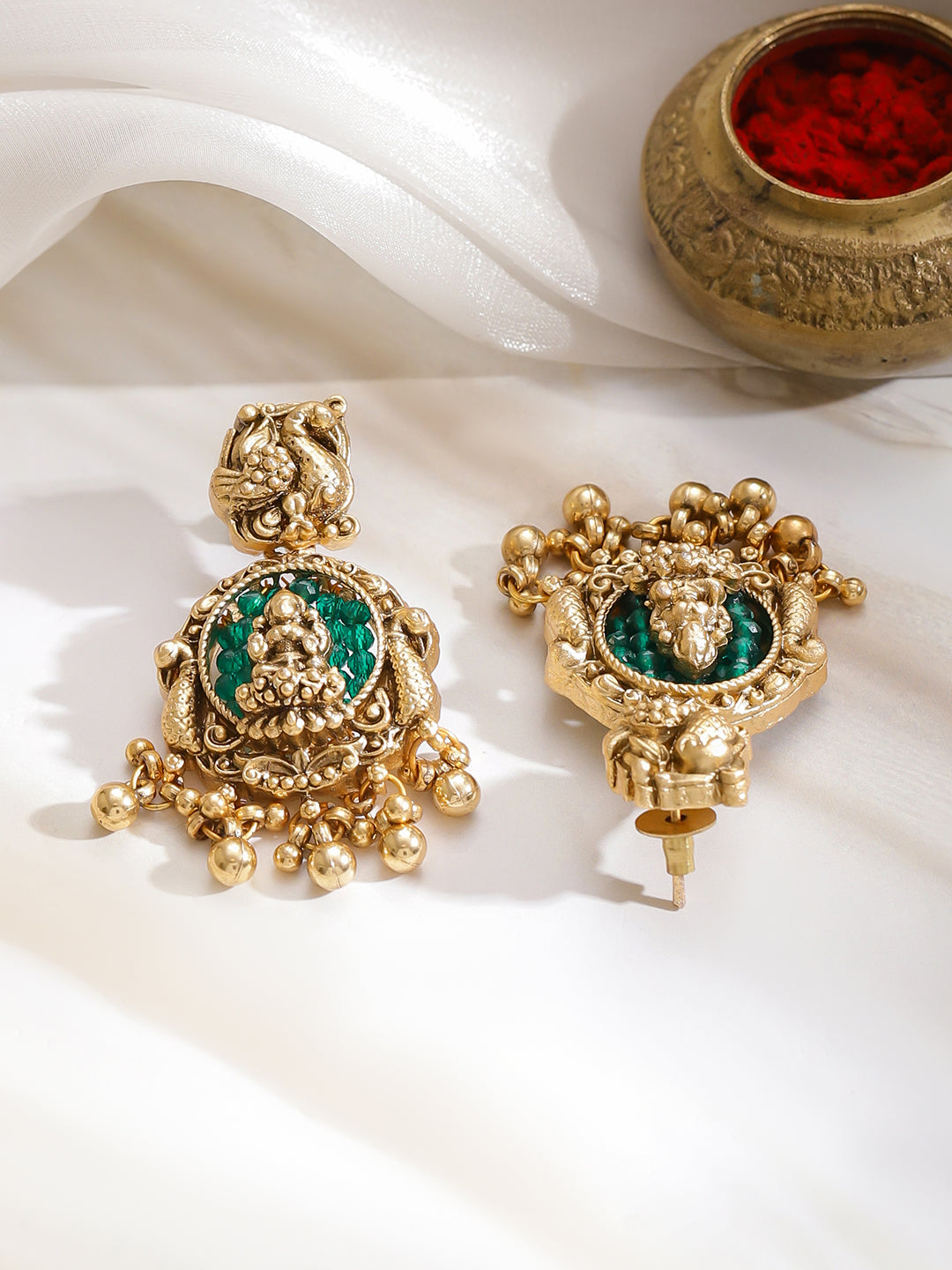 Laxmi Motif Green Bedded Gold Necklace Set フリーサイズ