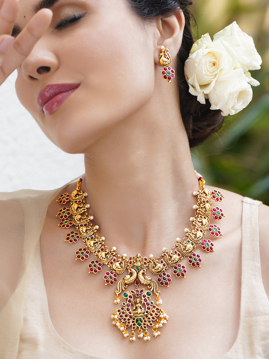 Peacock Motif Red temple Necklace Set フリーサイズ