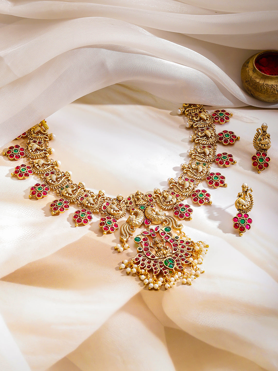 Peacock Motif Red temple Necklace Set フリーサイズ