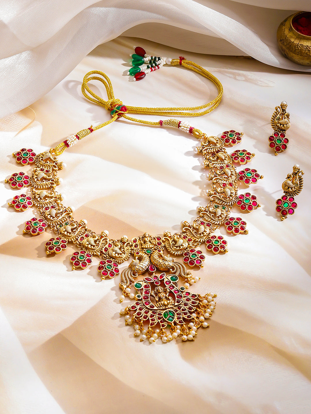 Peacock Motif Red temple Necklace Set フリーサイズ