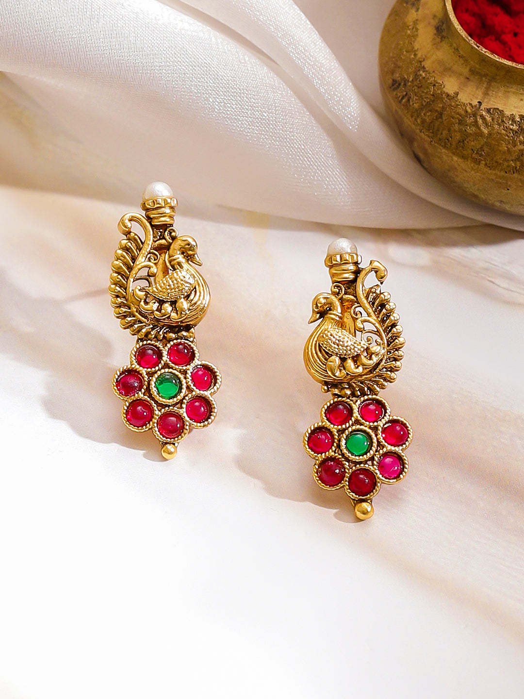 Peacock Motif Red temple Necklace Set フリーサイズ