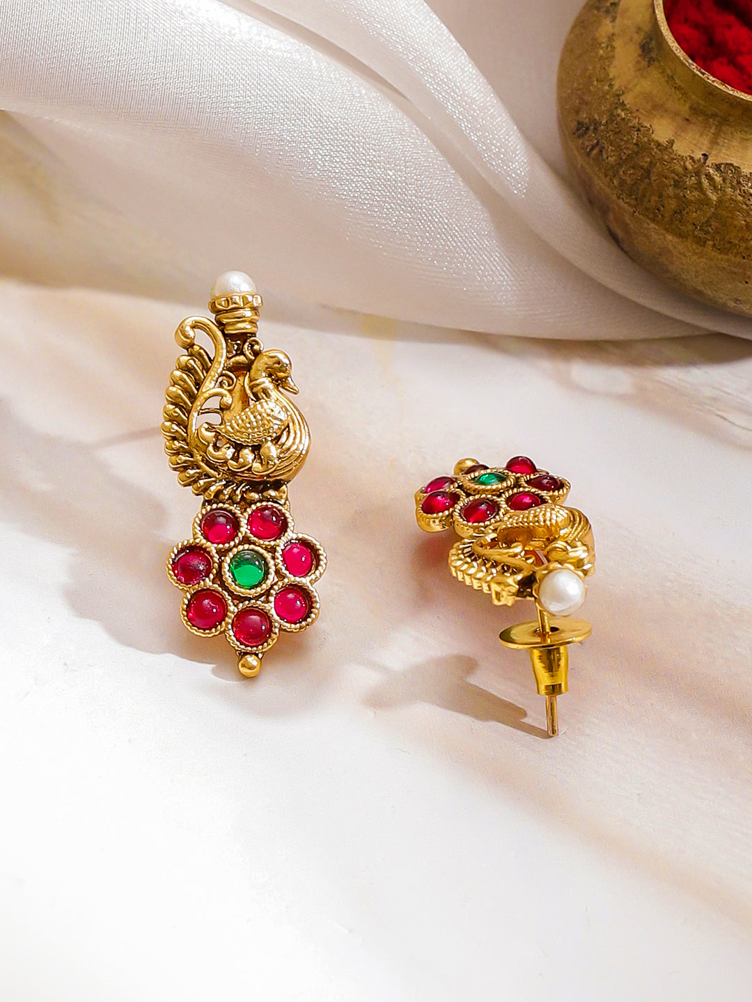 Peacock Motif Red temple Necklace Set フリーサイズ