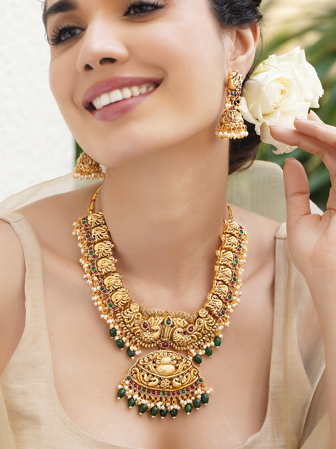 Peacock Motif Pearl & Green Beaded Gold Necklace Set フリーサイズ