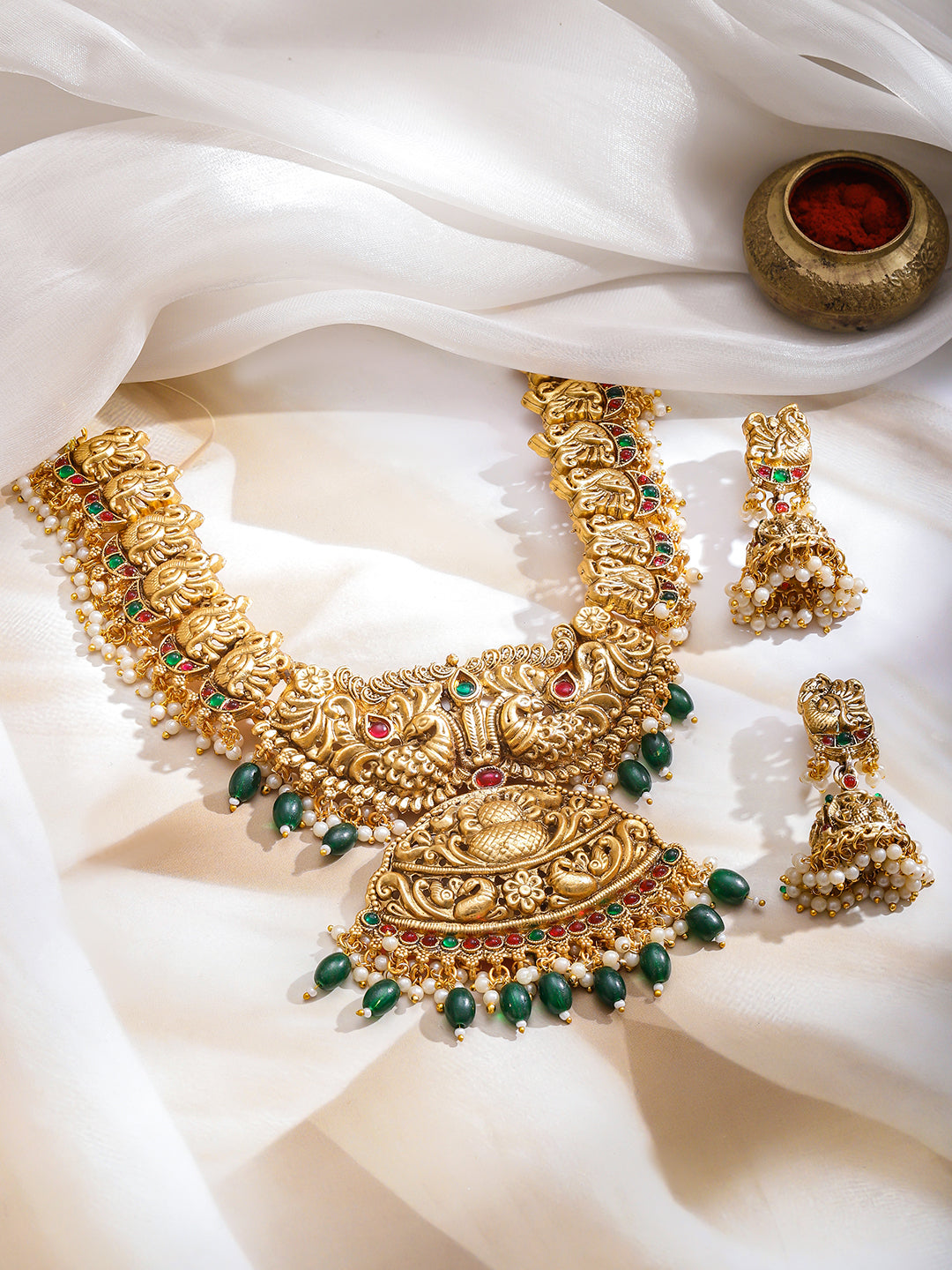 Peacock Motif Pearl & Green Beaded Gold Necklace Set フリーサイズ