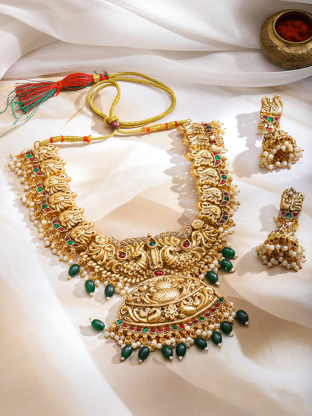 Peacock Motif Pearl & Green Beaded Gold Necklace Set フリーサイズ
