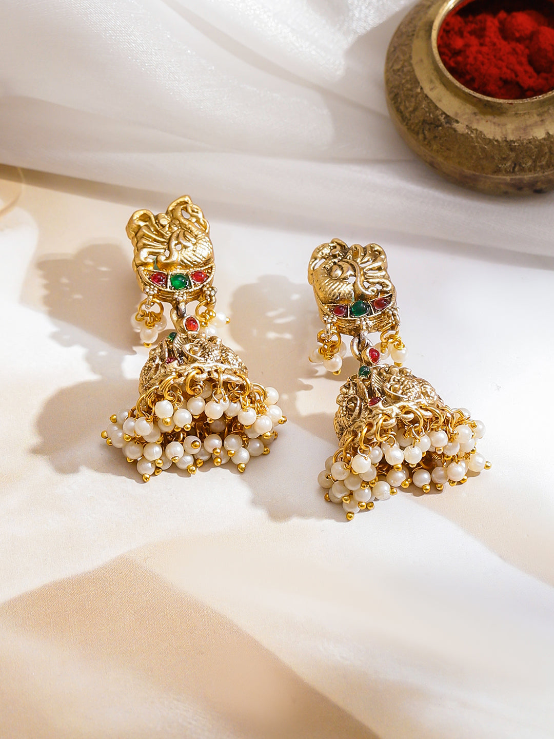 Peacock Motif Pearl & Green Beaded Gold Necklace Set フリーサイズ