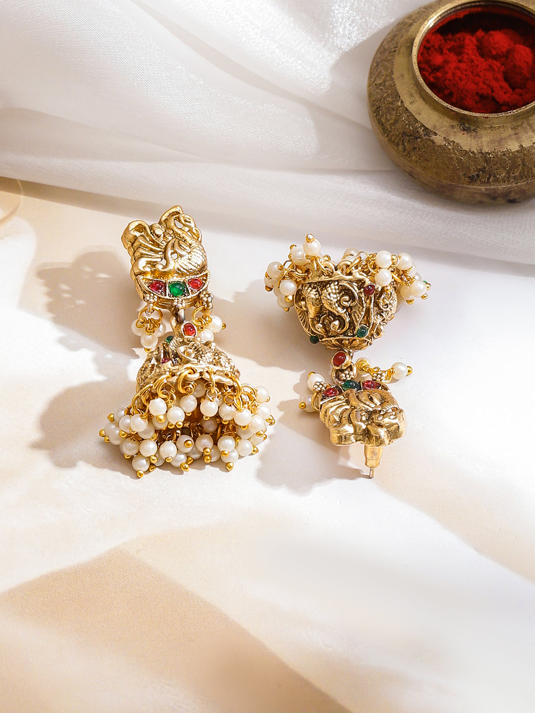 Peacock Motif Pearl & Green Beaded Gold Necklace Set フリーサイズ