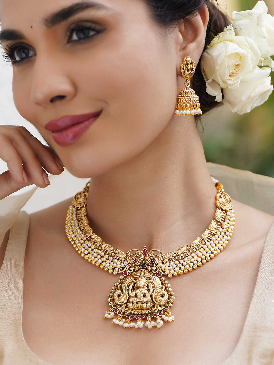 Divine Pearl Cluster Temple Jewellery Set フリーサイズ