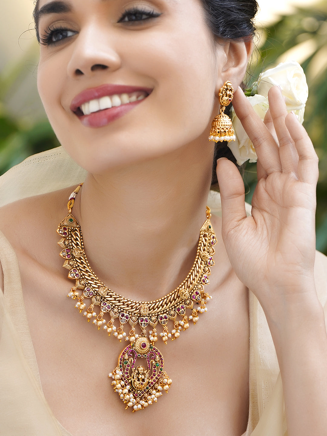 Pearl Drop Multicolor Studded Temple Necklace Set フリーサイズ