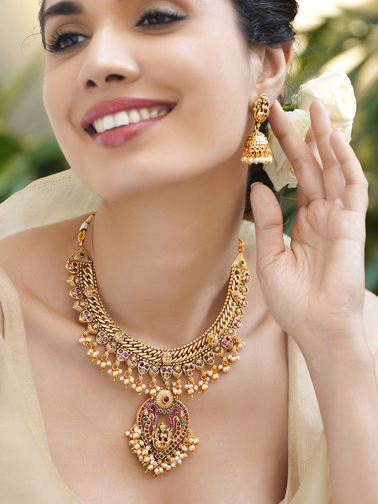Pearl Drop Multicolor Studded Temple Necklace Set フリーサイズ