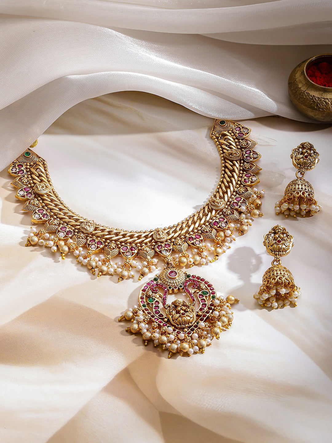 Pearl Drop Multicolor Studded Temple Necklace Set フリーサイズ