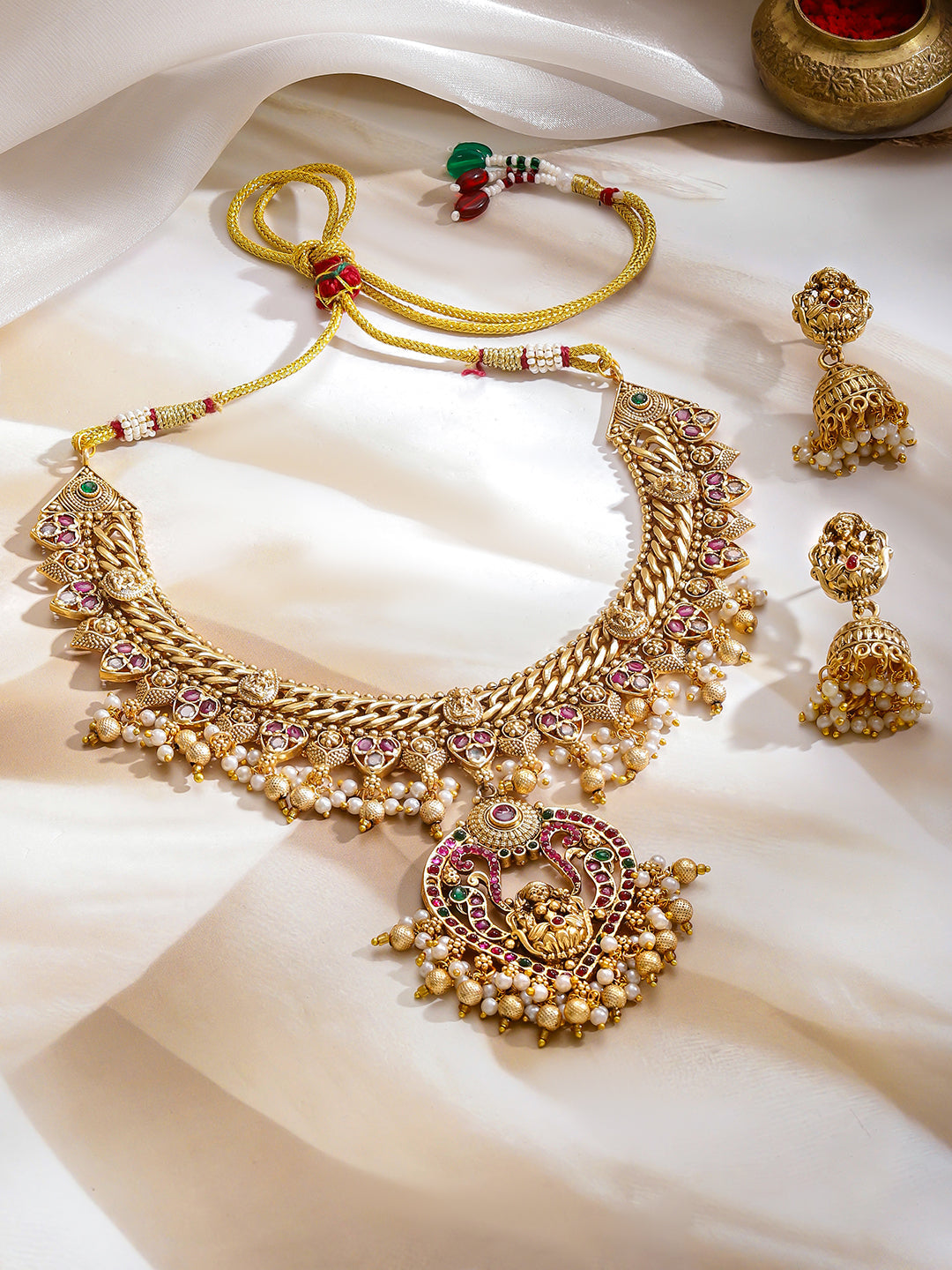 Pearl Drop Multicolor Studded Temple Necklace Set フリーサイズ