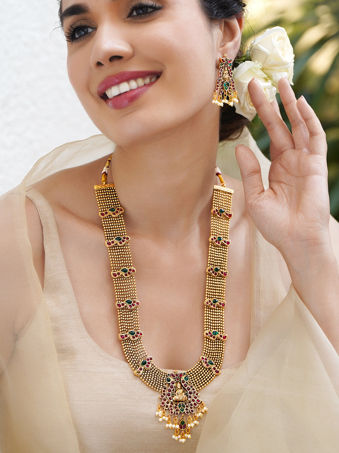 Red & Green Studded Gold Beads Temple Necklace Set フリーサイズ