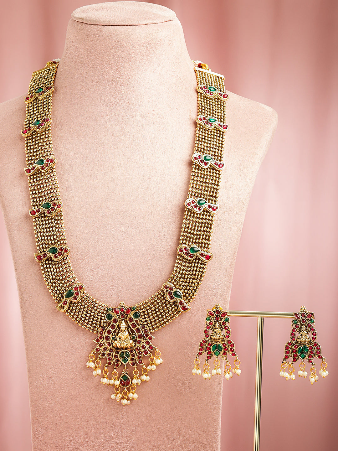 Red & Green Studded Gold Beads Temple Necklace Set フリーサイズ