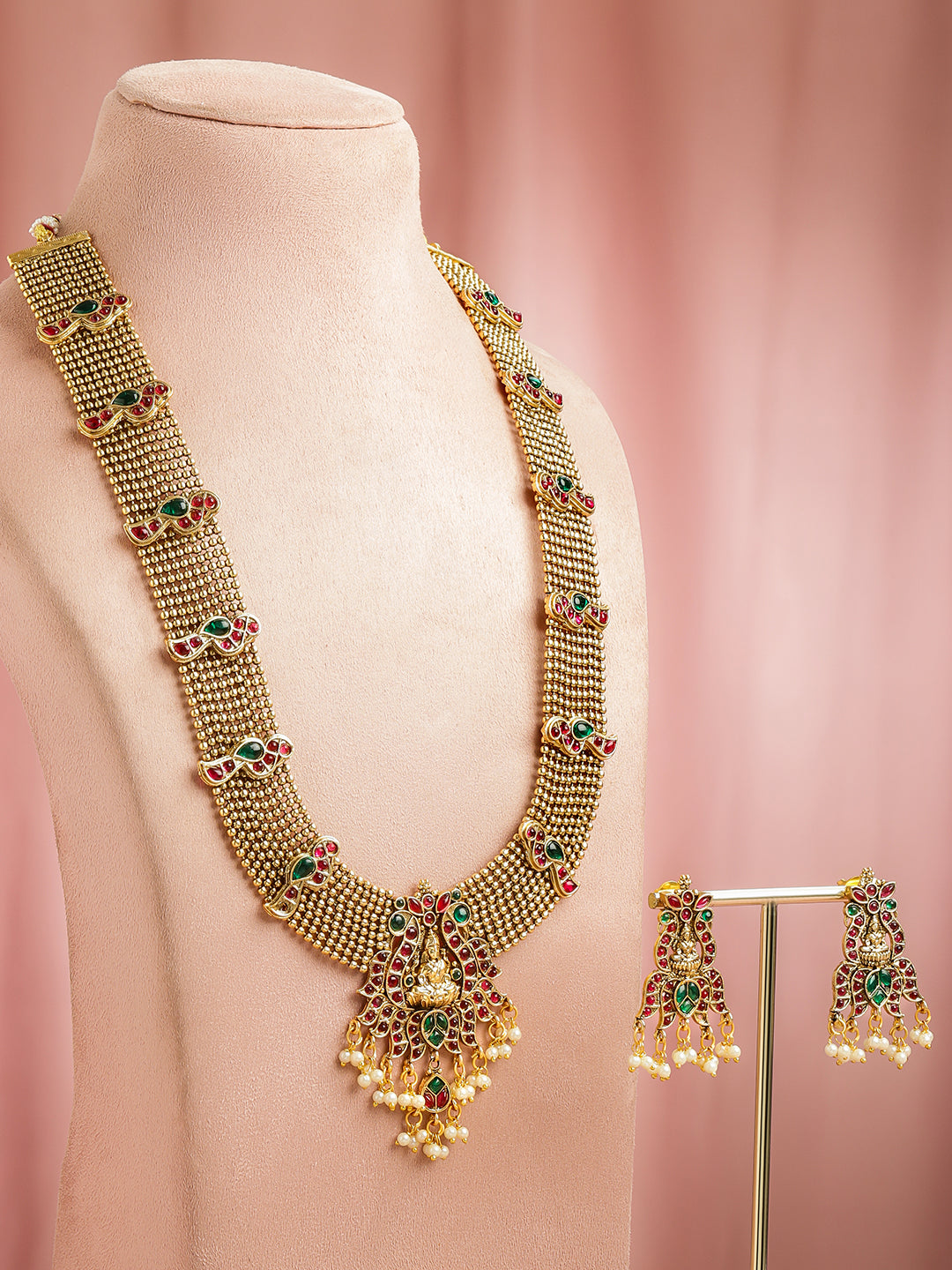 Red & Green Studded Gold Beads Temple Necklace Set フリーサイズ