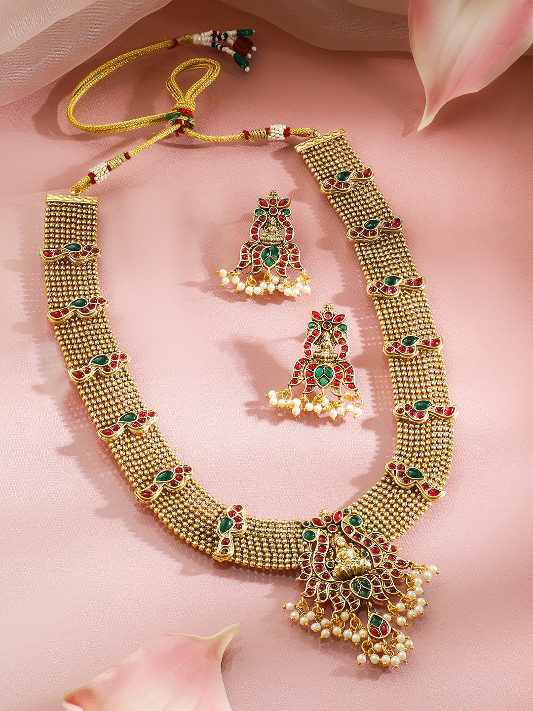 Red & Green Studded Gold Beads Temple Necklace Set フリーサイズ