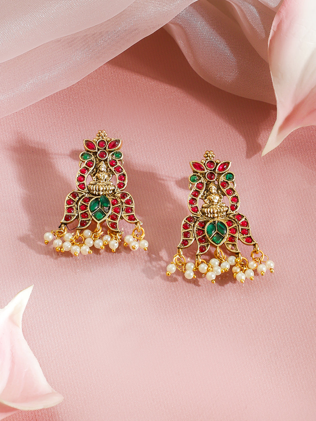 Red & Green Studded Gold Beads Temple Necklace Set フリーサイズ