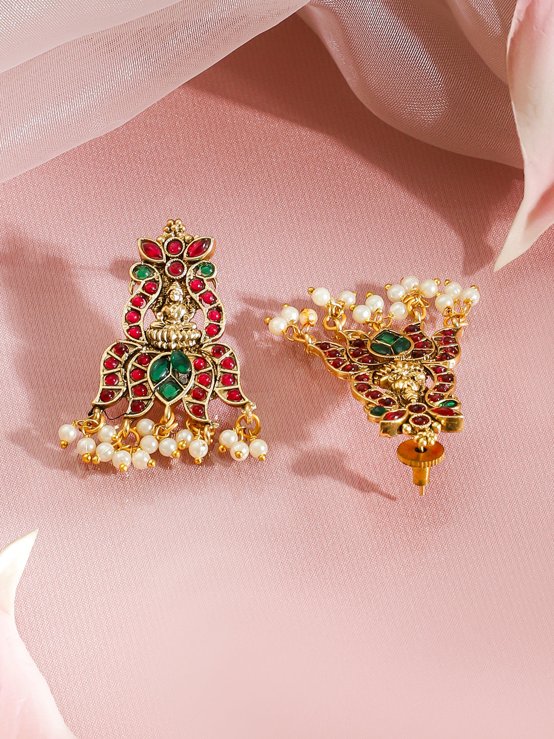 Red & Green Studded Gold Beads Temple Necklace Set フリーサイズ