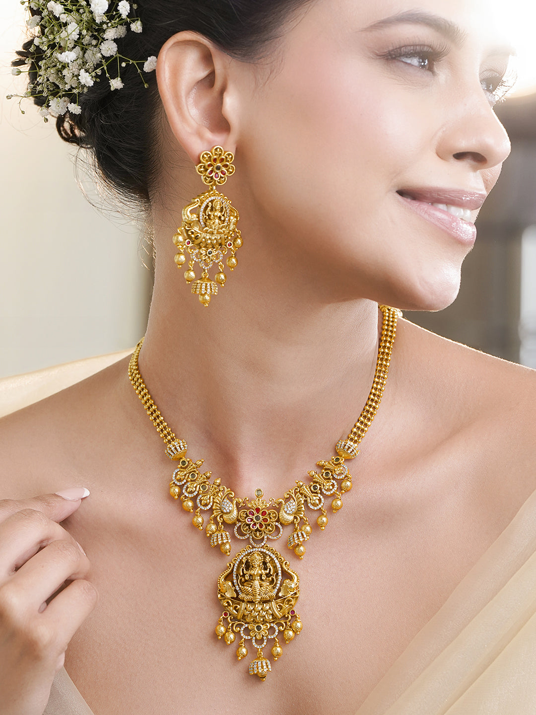 American Diamond Zirconia Temple Necklace Set フリーサイズ