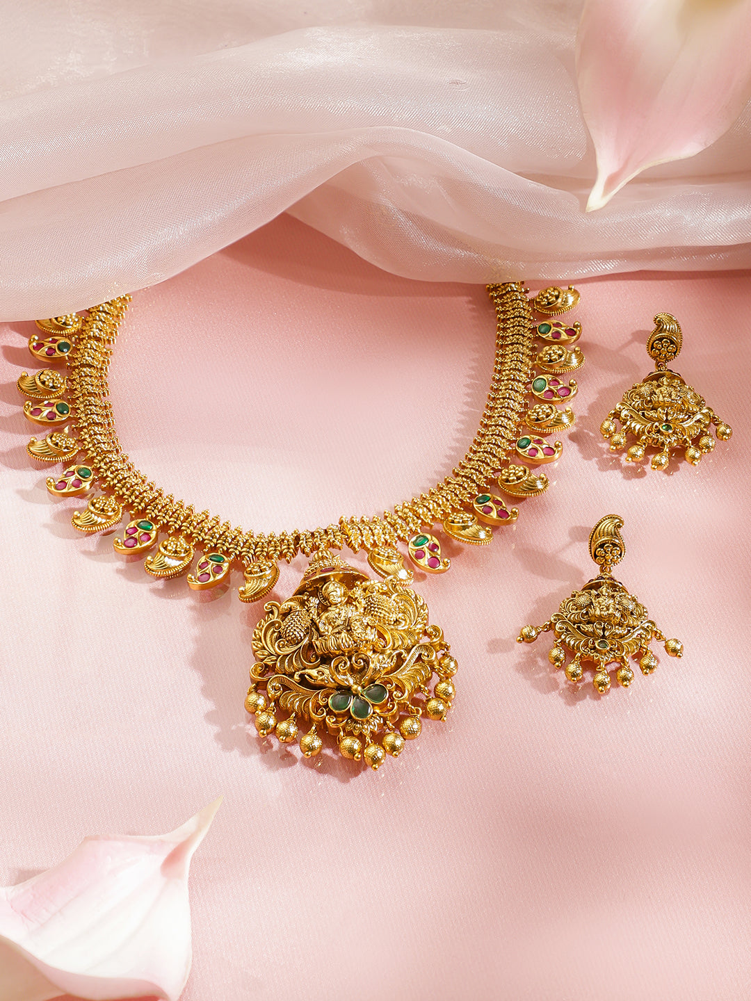 Pink Studded Leaf Motif Temple Necklace Set フリーサイズ