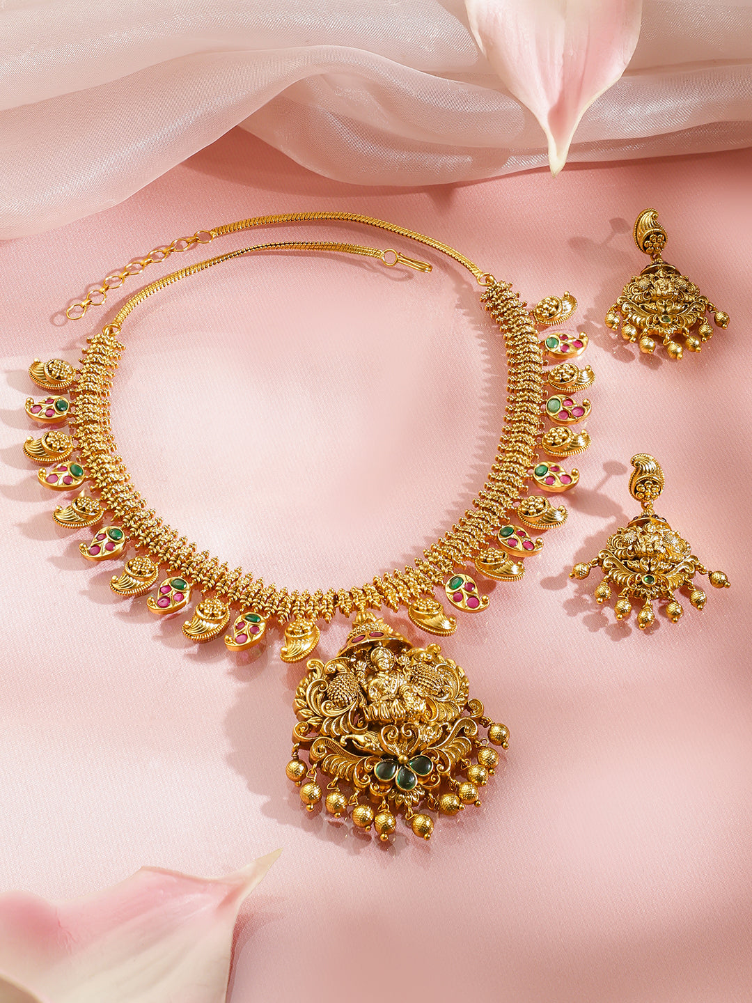 Pink Studded Leaf Motif Temple Necklace Set フリーサイズ