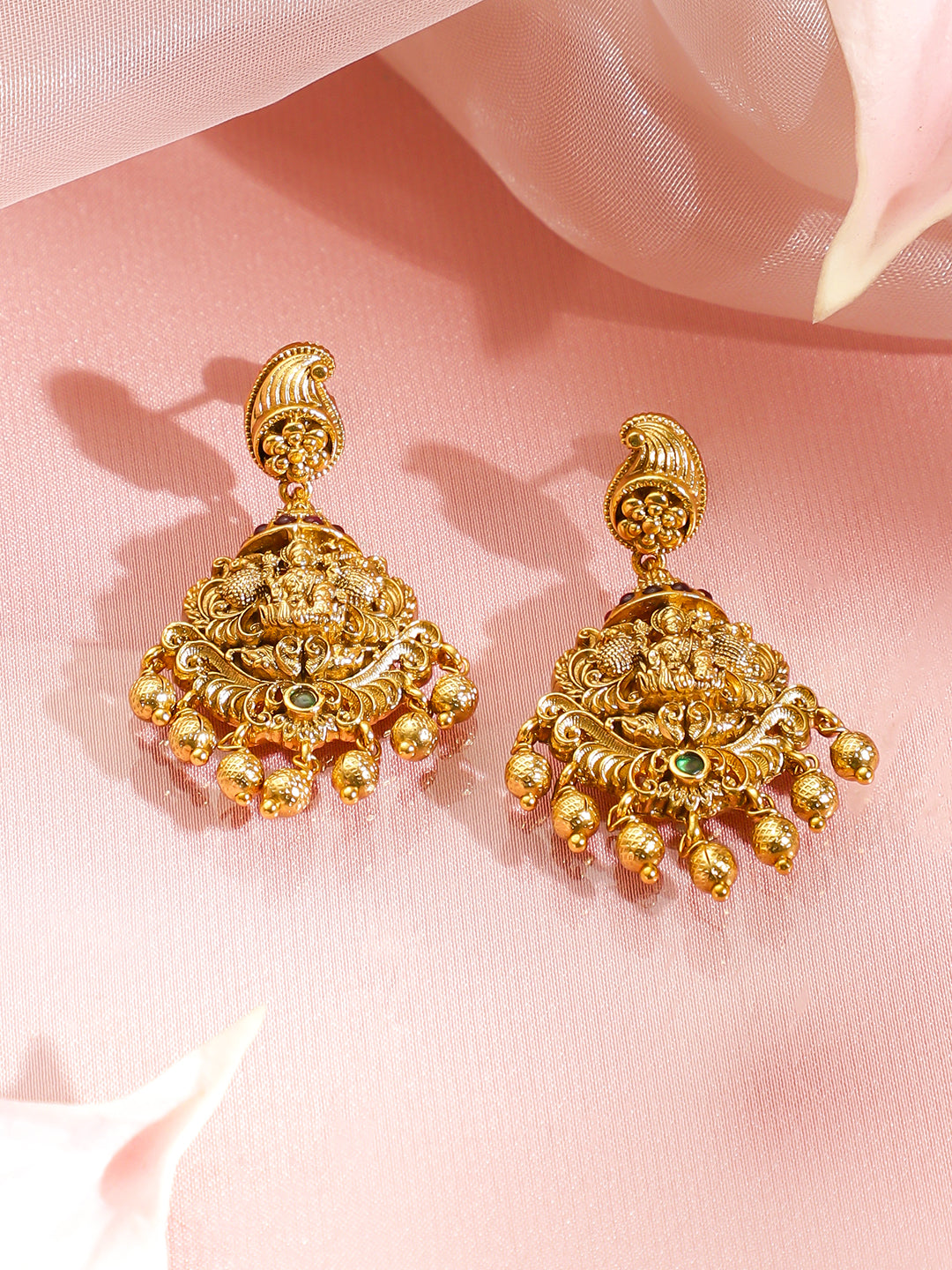 Pink Studded Leaf Motif Temple Necklace Set フリーサイズ