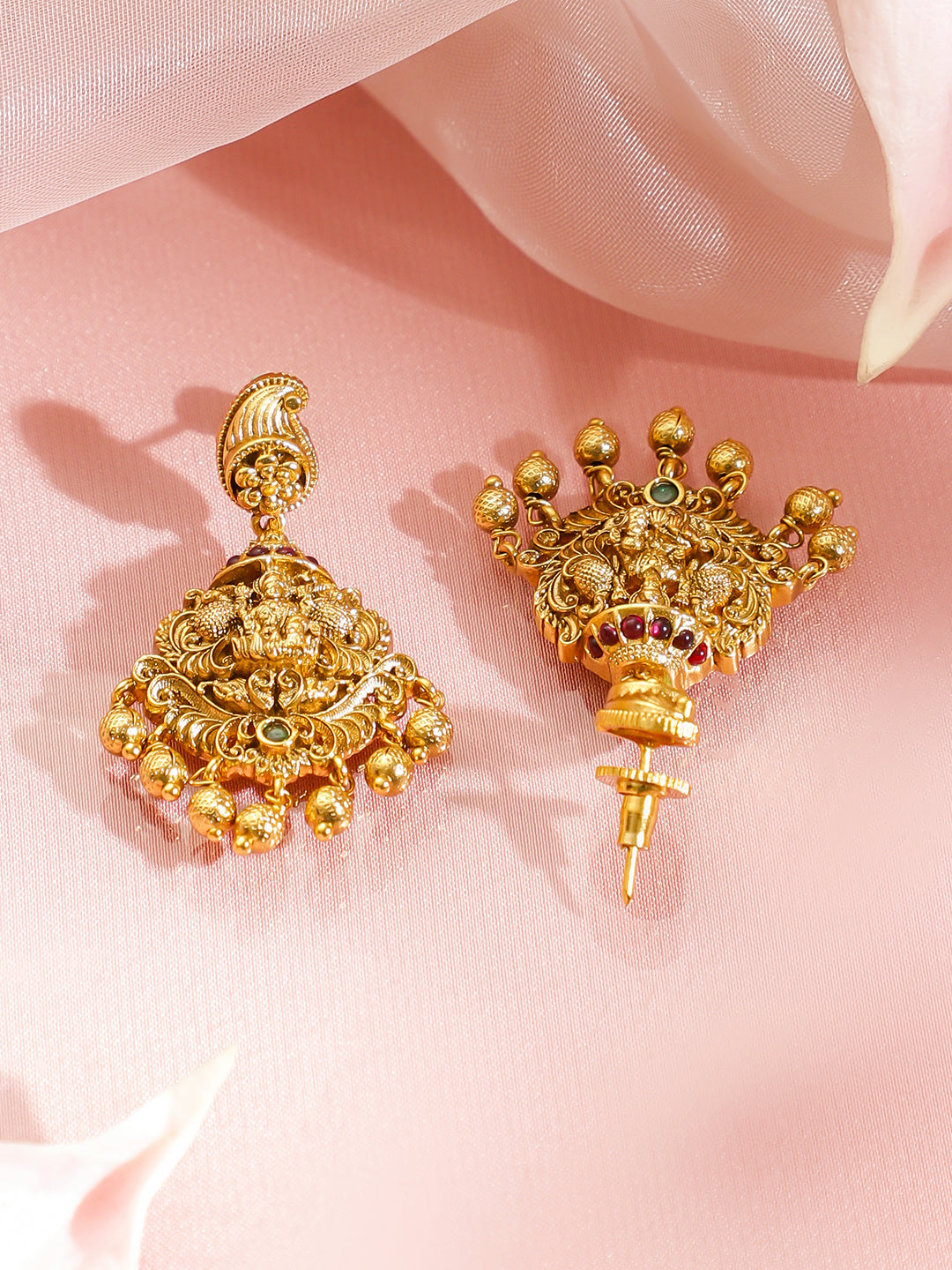 Pink Studded Leaf Motif Temple Necklace Set フリーサイズ