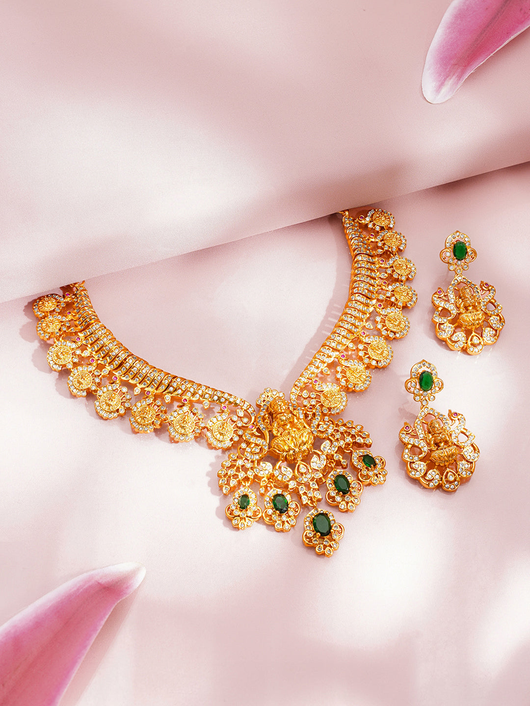 Temple Jewellery Necklace Set With Emerald Accents フリーサイズ