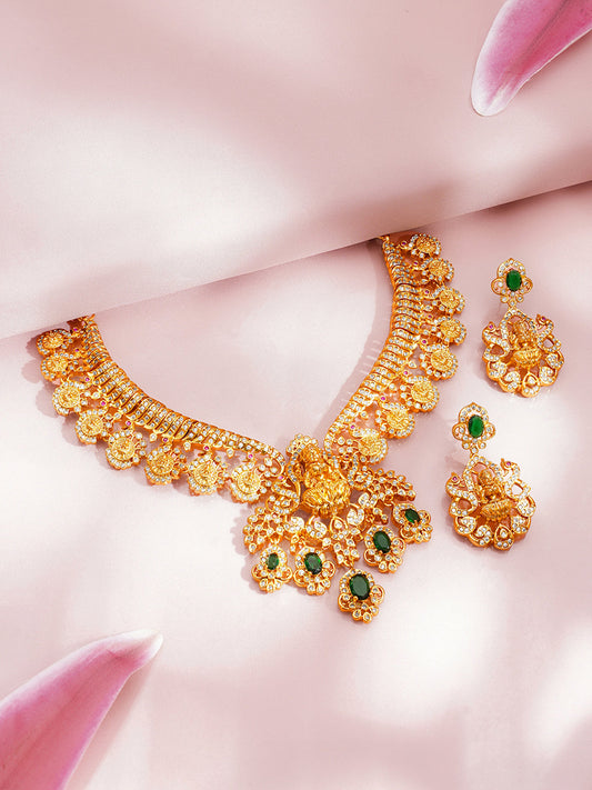 Temple Jewellery Necklace Set With Emerald Accents フリーサイズ