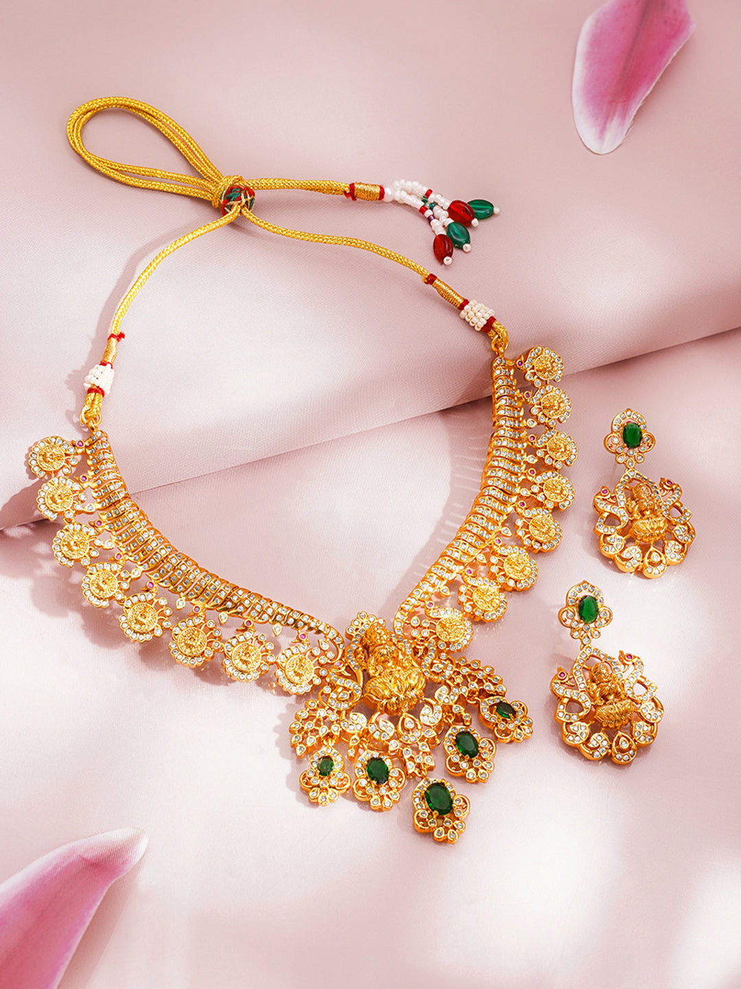 Temple Jewellery Necklace Set With Emerald Accents フリーサイズ