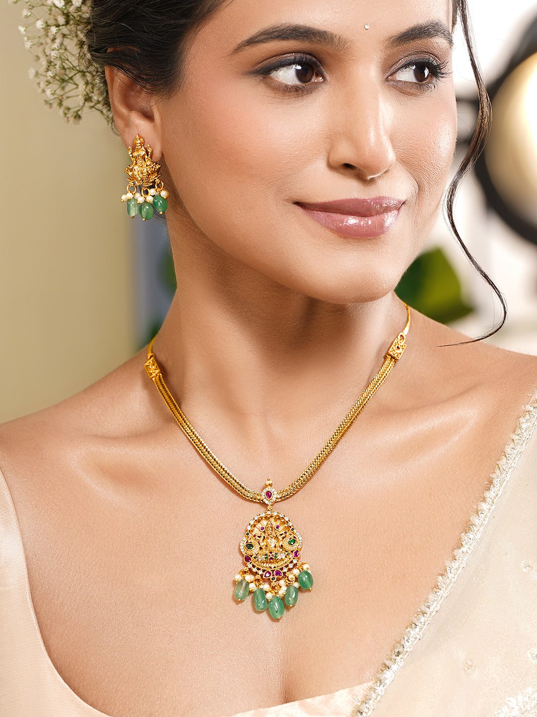 Temple Pendant Pastel Green Bead Necklace Set フリーサイズ