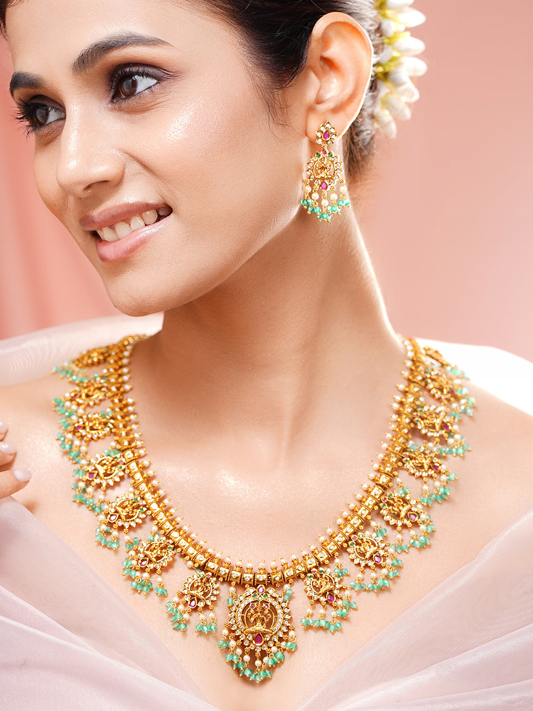 【Rubans】 Gold Plated Kundan Blue Beaded Laxmi Motif Necklace Set｜ゴールドメッキ クンダン ブルービーズ ラクシュミーモチーフ ネックレスセット