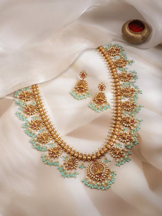 【Rubans】 Gold Plated Kundan Blue Beaded Laxmi Motif Necklace Set｜ゴールドメッキ クンダン ブルービーズ ラクシュミーモチーフ ネックレスセット
