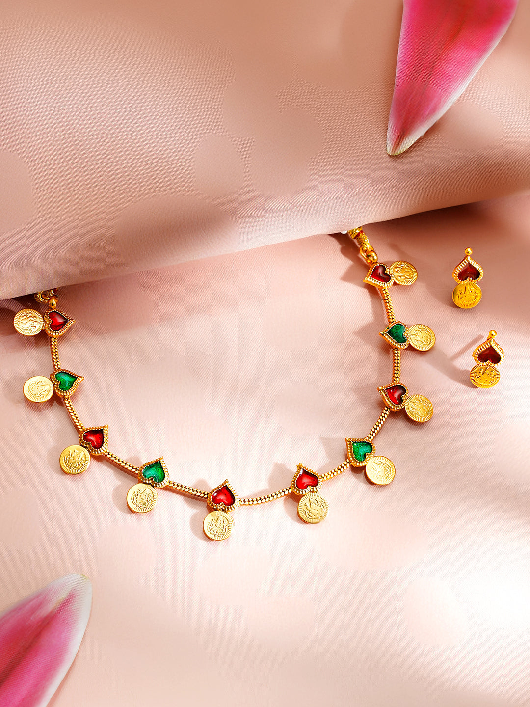 【Rubans】 Gold Plated Laxmi Moti Heart Design Multicolor Necklace Set｜ゴールドメッキ ラクシュミー モティ ハートデザイン マルチカラー ネックレスセット