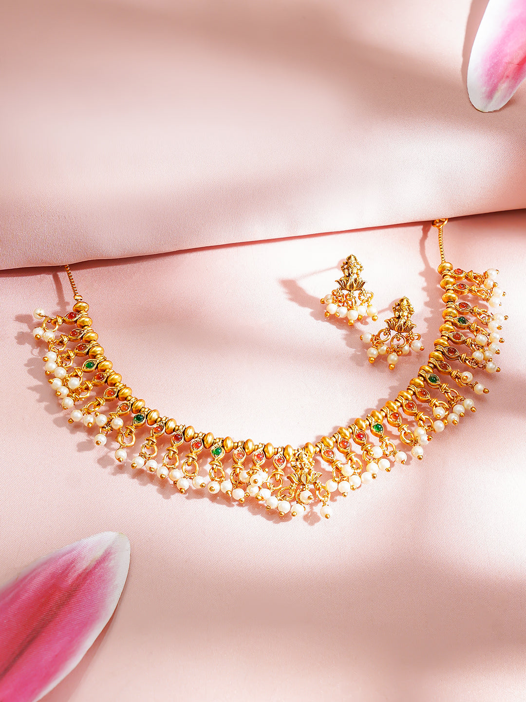 【Rubans】 Gold Plated Pearl Drop Pink & Green Temple Necklace Set｜ゴールドメッキ パールドロップ ピンク＆グリーン テンプル ネックレスセット