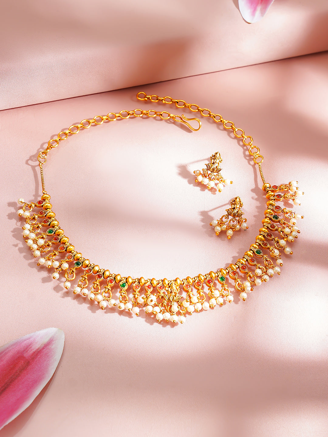 【Rubans】 Gold Plated Pearl Drop Pink & Green Temple Necklace Set｜ゴールドメッキ パールドロップ ピンク＆グリーン テンプル ネックレスセット
