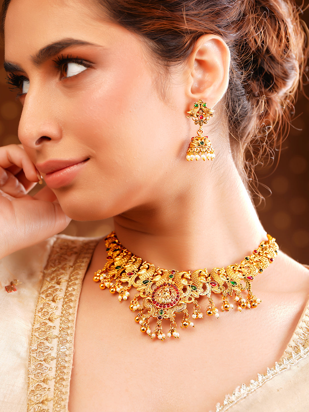 【Rubans】 Gold-Plated Temple Lakshmi Peacock Necklace Set｜ゴールドメッキ テンプル ラクシュミー 孔雀 ネックレスセット